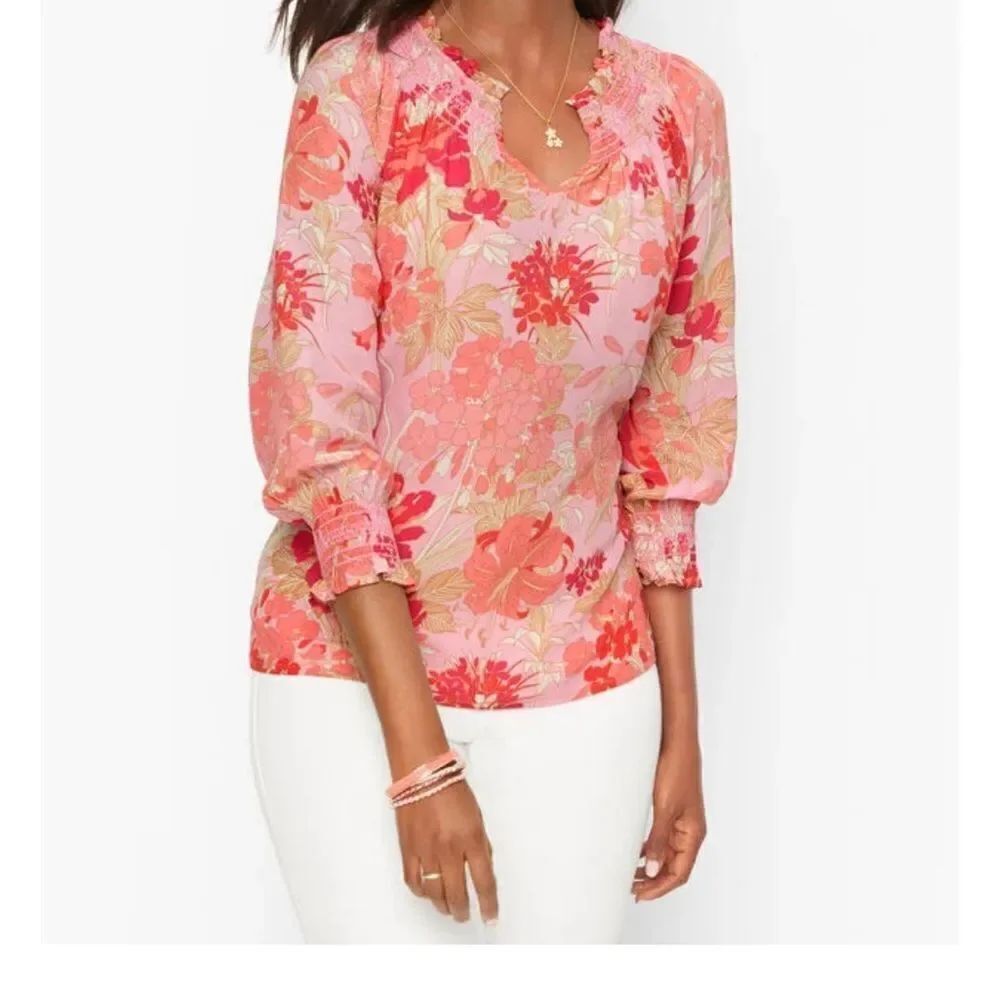 Talbots Pink floral Ruffled Blouse with Three-Quarter Sleeves size Sp